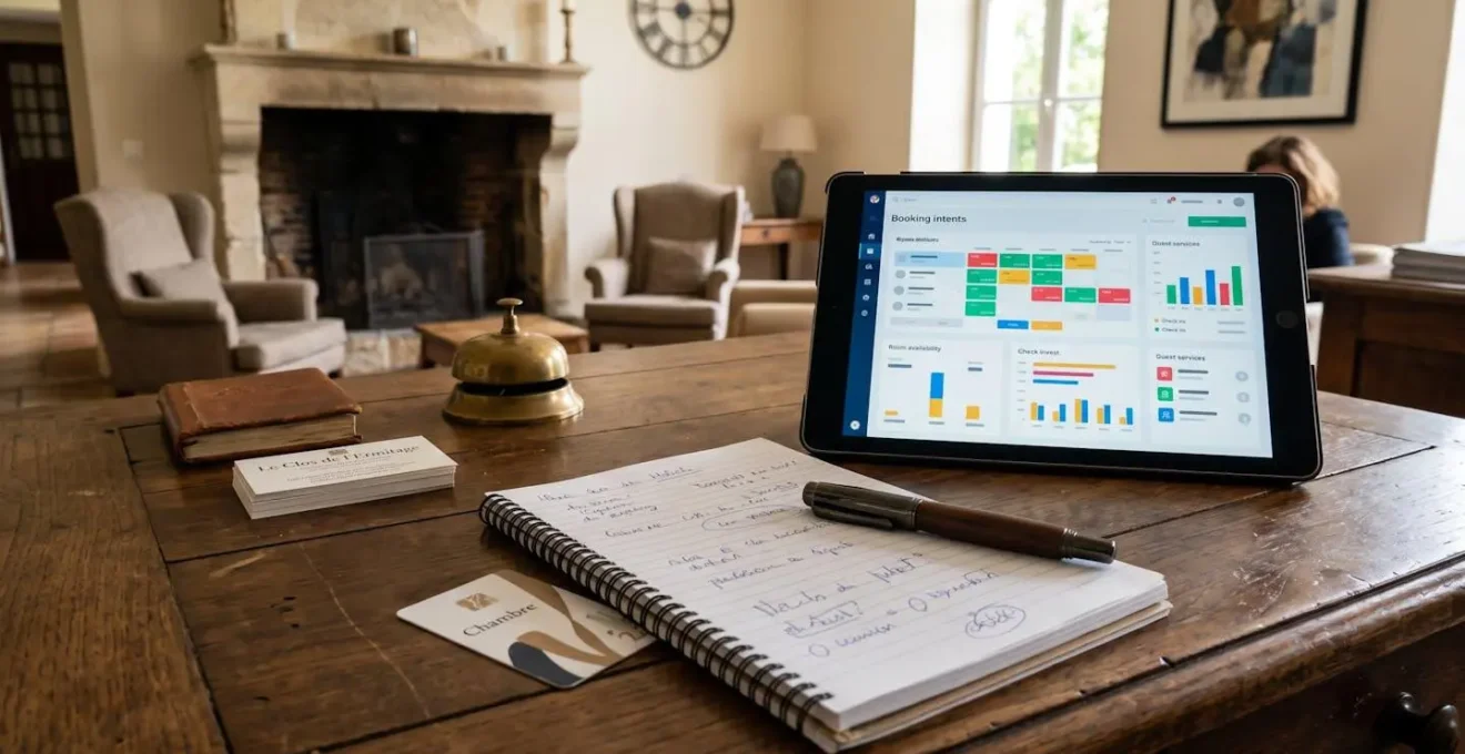 Extreme close-up of a luxury concierge workspace showing handwritten guest preference notes on quality stationery beside a modern tablet with coordination dashboard