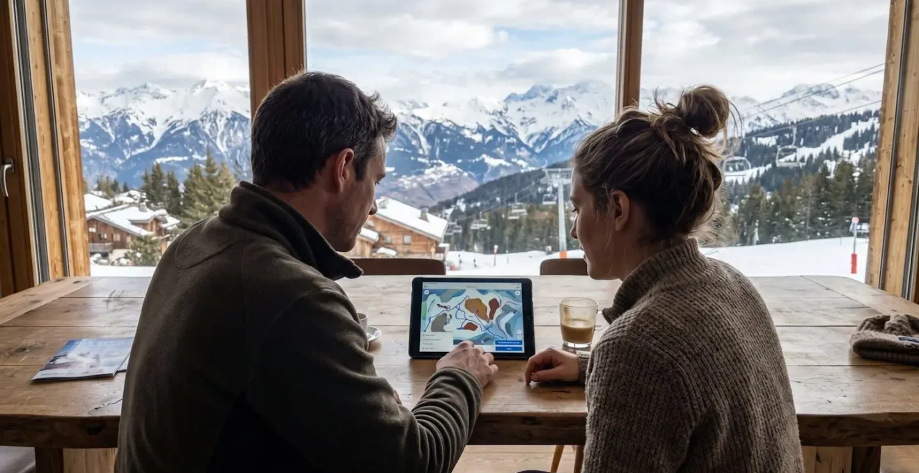 Two adults consulting a tablet together in a contemporary Courchevel chalet, natural mountain light streaming through floor-to-ceiling windows, focused planning discussion