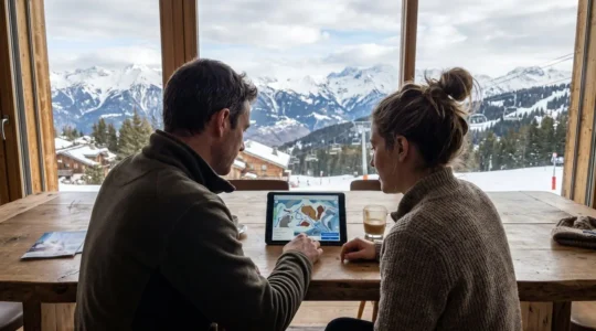 Two adults consulting a tablet together in a contemporary Courchevel chalet, natural mountain light streaming through floor-to-ceiling windows, focused planning discussion