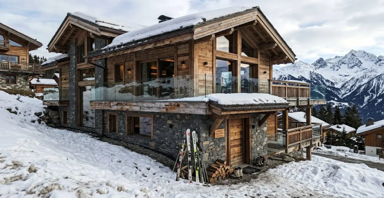 Contemporary luxury ski chalet exterior in Courchevel featuring modern alpine architecture with natural wood, glass and stone, surrounded by snow-covered mountain landscape in late afternoon light
