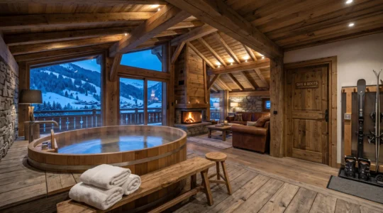 A high-end loft interior in Courchevel with a private wooden spa in the foreground and the living area visible behind large windows.