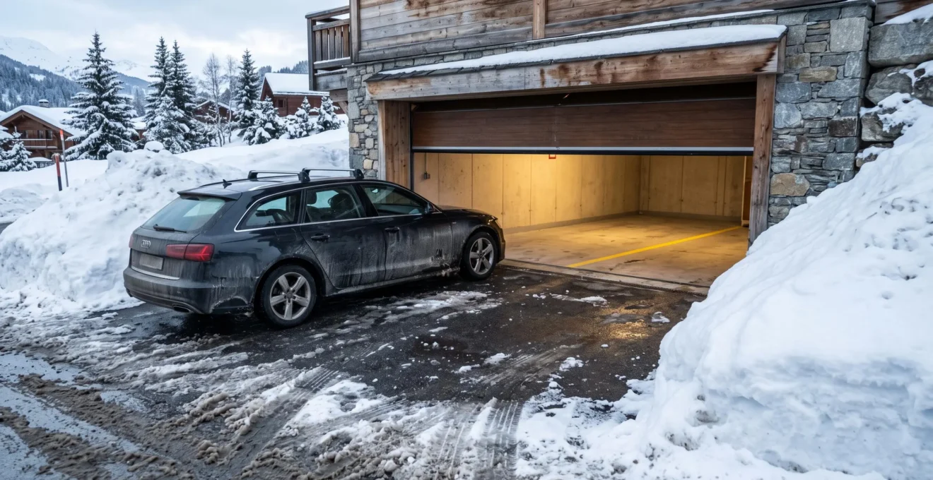 Entrée d'un garage souterrain dégagé en hiver avec une voiture stationnée et de la neige accumulée sur les côtés en station de ski.
