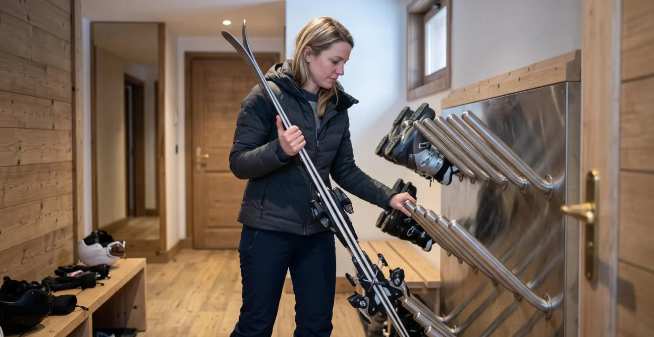 Une femme range une paire de skis sur un rack chauffant dans le local à skis chauffé d'un logement haut de gamme en station.