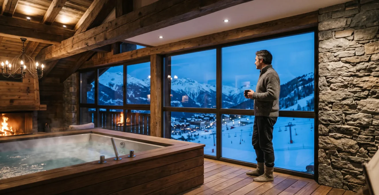 Intérieur d'un loft haut de gamme à Courchevel avec poutres en bois, spa privatif fumant et grande baie vitrée donnant sur les pistes enneigées au crépuscule.